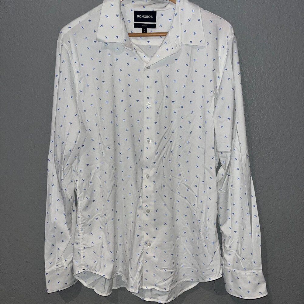 BONOBOS Airplane Print Nylon & Spandex Long Sleeve Button Shirt EUC  XL SLIM FIT